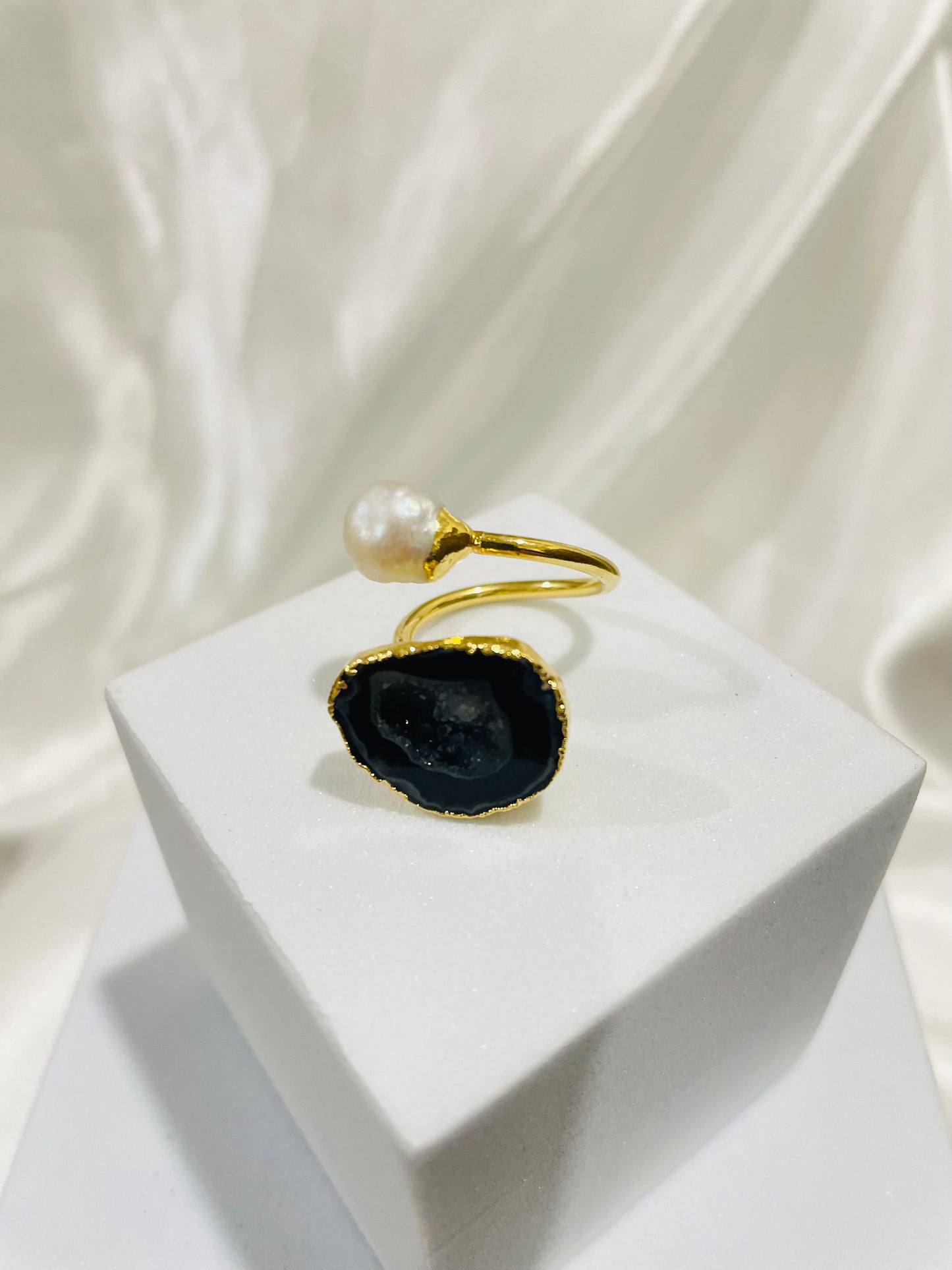 Black Onyx & Freshwater Pearl Dual Harmony Ring in 18K Gold Plated for Power, Protection