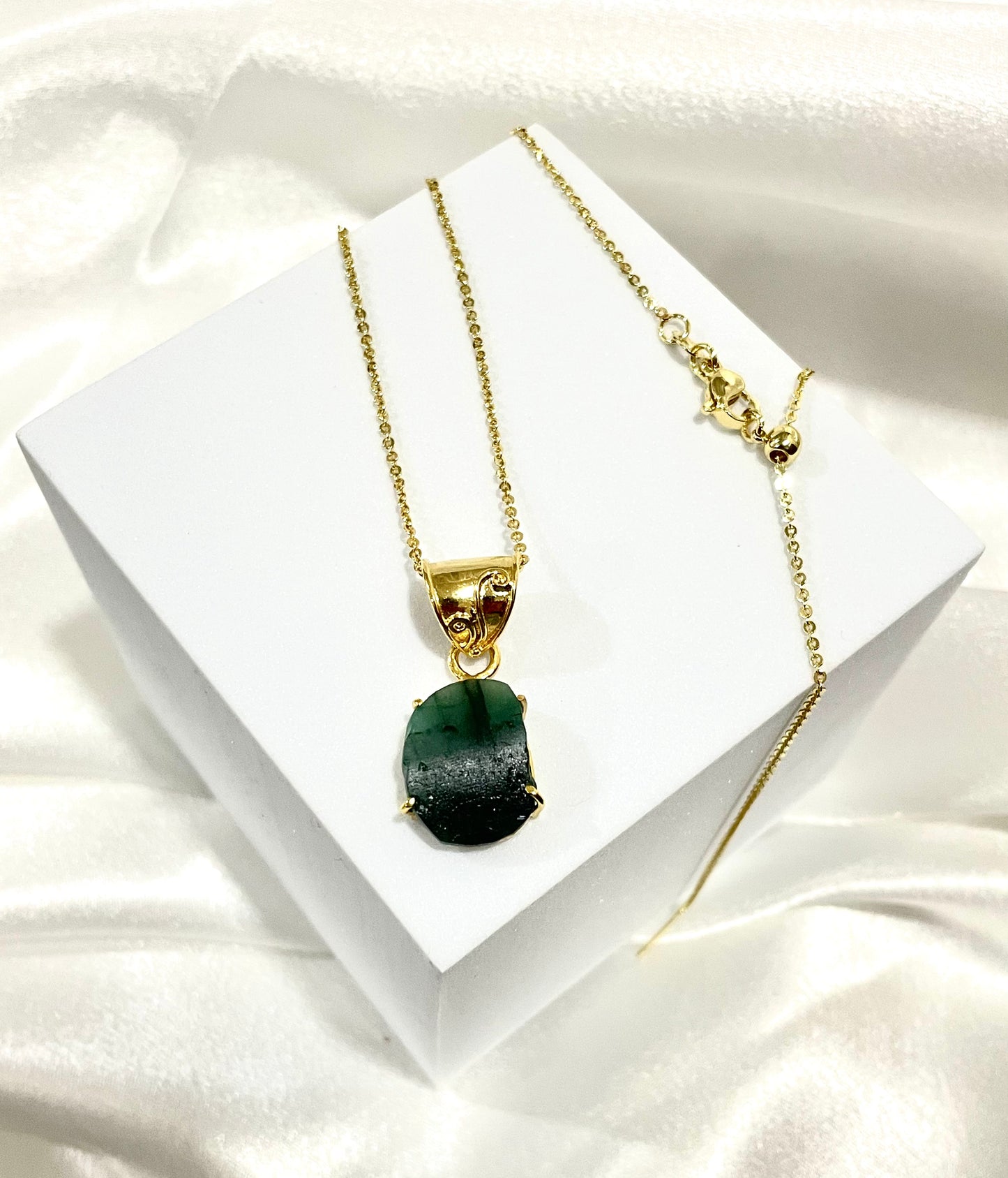 Raw Emerald Pendant with Adjustable 18K Gold-Plated Chain
