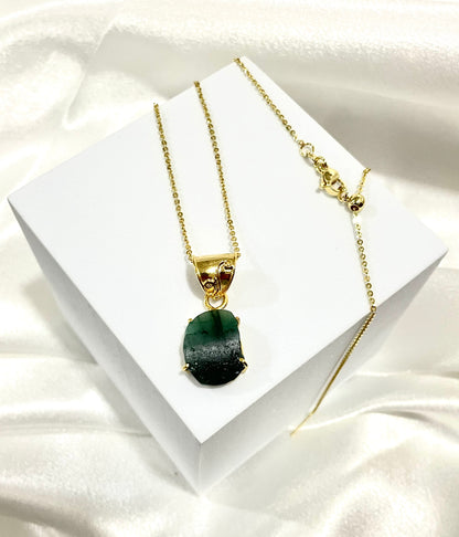 Raw Emerald Pendant with Adjustable 18K Gold-Plated Chain