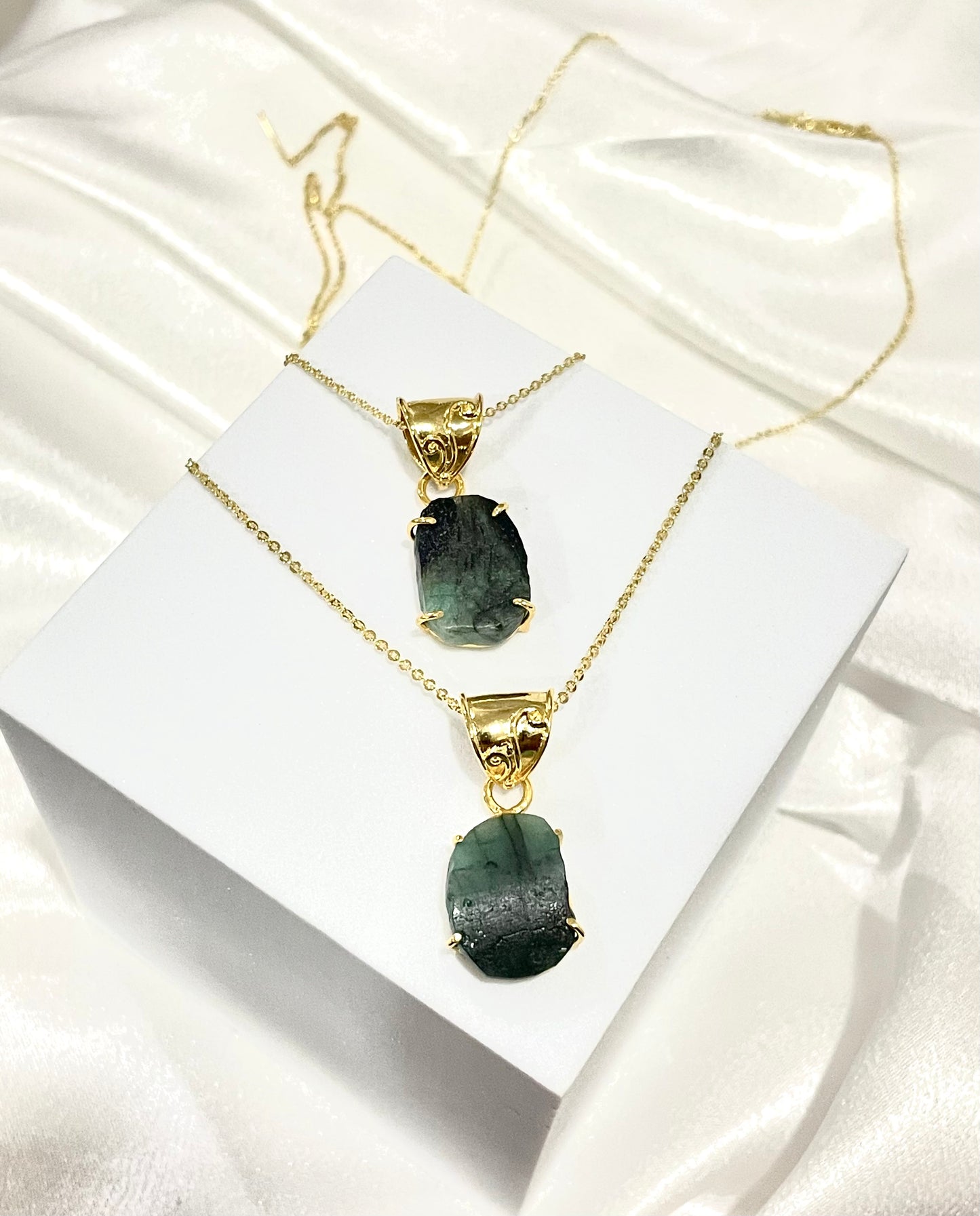 Raw Emerald Pendant with Adjustable 18K Gold-Plated Chain