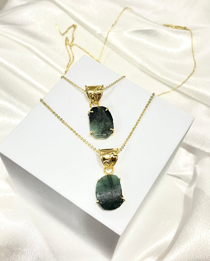 Raw Emerald Pendant with Adjustable 18K Gold-Plated Chain