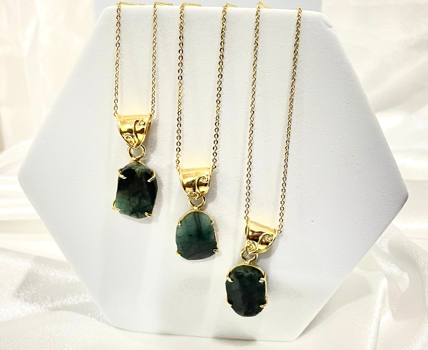 Raw Emerald Pendant with Adjustable 18K Gold-Plated Chain