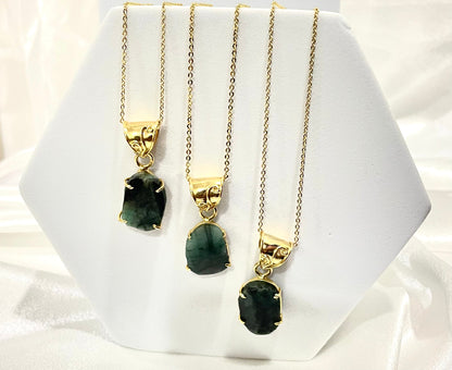 Raw Emerald Pendant with Adjustable 18K Gold-Plated Chain