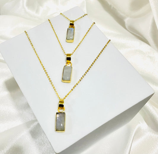 Lunar Glow Moonstone Rectangle Pendant - 18K Gold Plating With Adjustable Chain