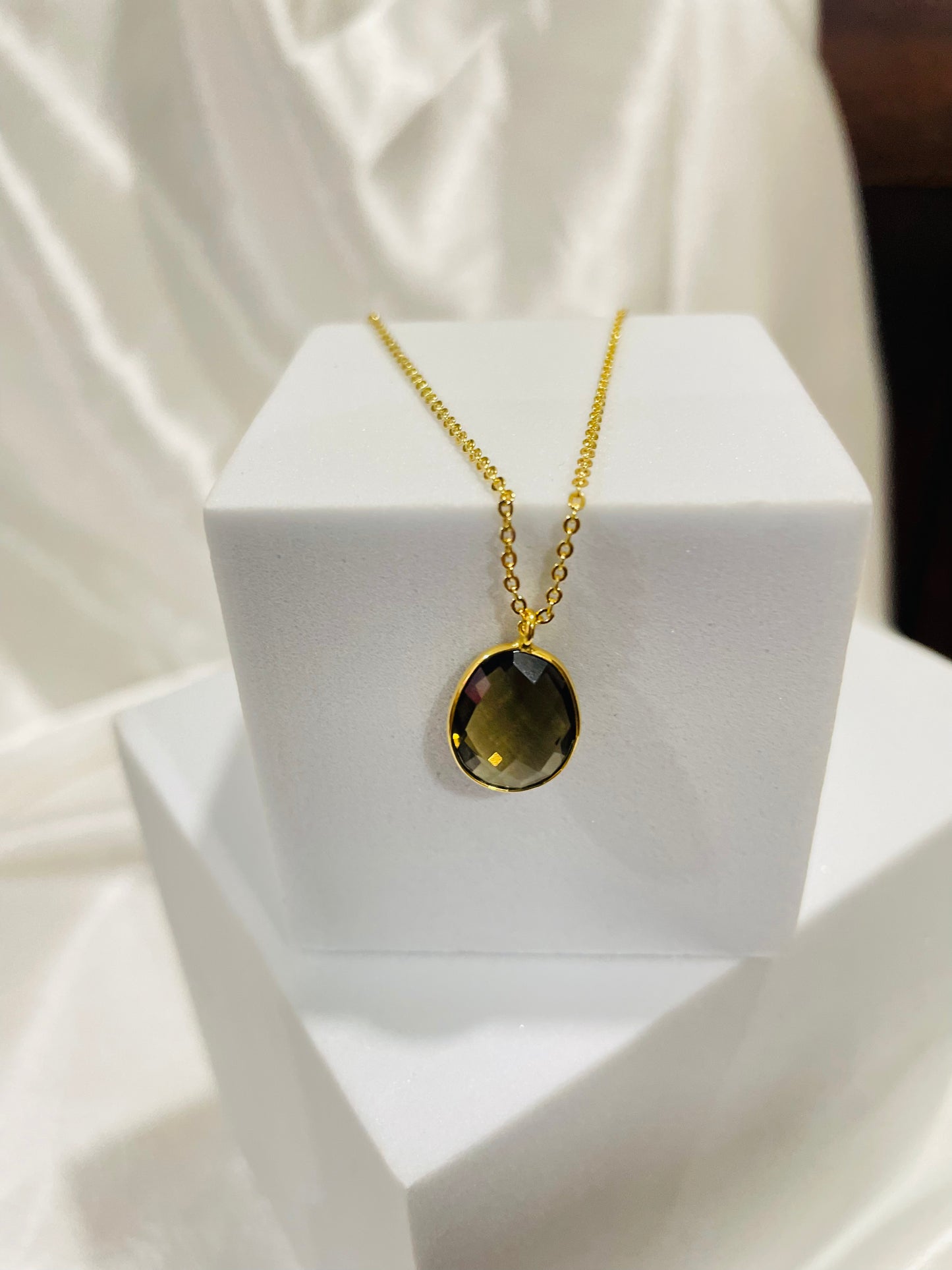 Double-Sided Smoky Quartz Pendant in Gold Plating With Adjustable Chain