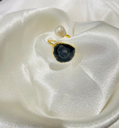 Black Onyx & Freshwater Pearl Dual Harmony Ring in 18K Gold Plated for Power, Protection