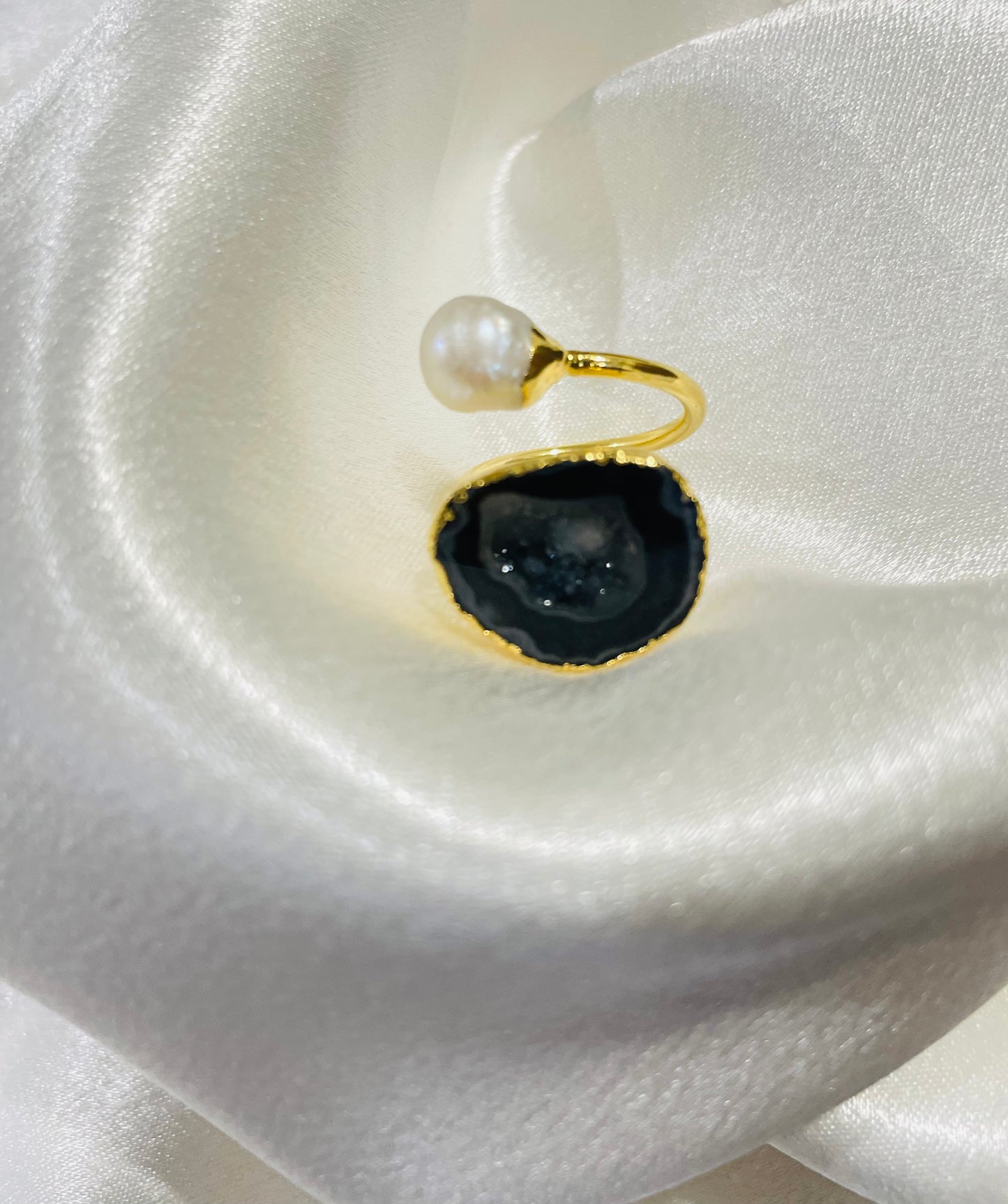 Black Onyx & Freshwater Pearl Dual Harmony Ring in 18K Gold Plated for Power, Protection