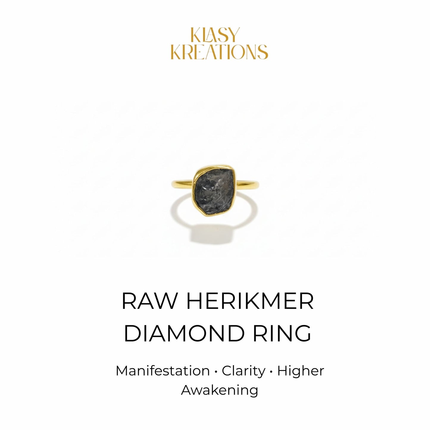Herkimer Diamond Zenith Ring in 18K Gold Plated for Manifestation, Clarity & Higher Awakening