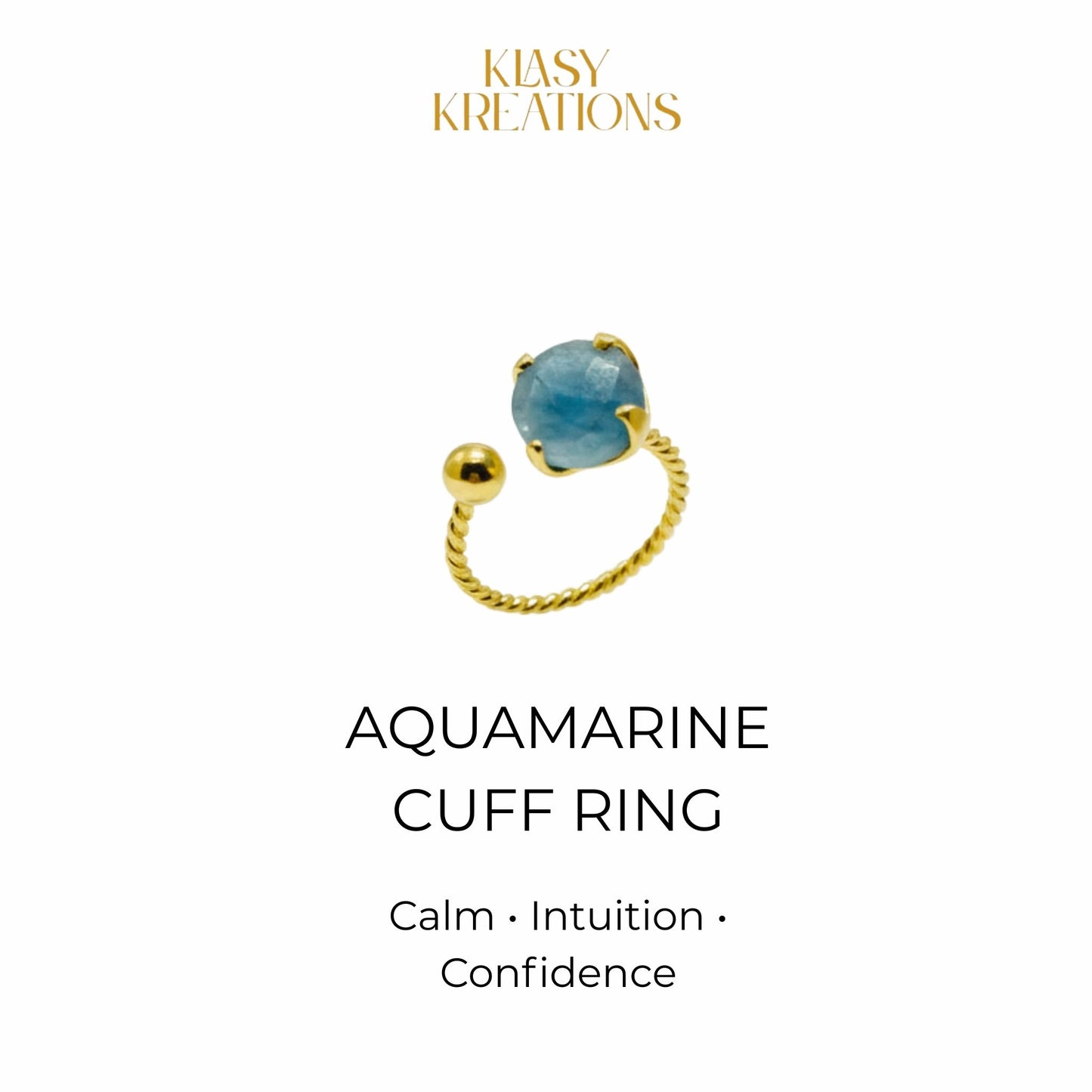 Celestial Aquamarine Cuff Ring in 18K Gold Plated for Calm, Intuition & Emotional Confidence