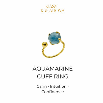 Celestial Aquamarine Cuff Ring in 18K Gold Plated for Calm, Intuition & Emotional Confidence