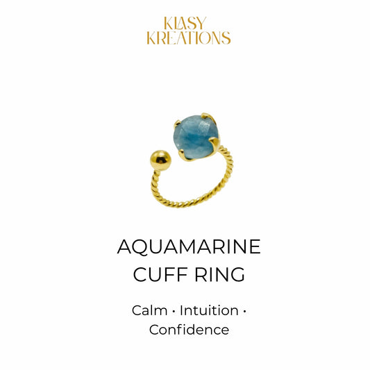 Celestial Aquamarine Cuff Ring in 18K Gold Plated for Calm, Intuition & Emotional Confidence