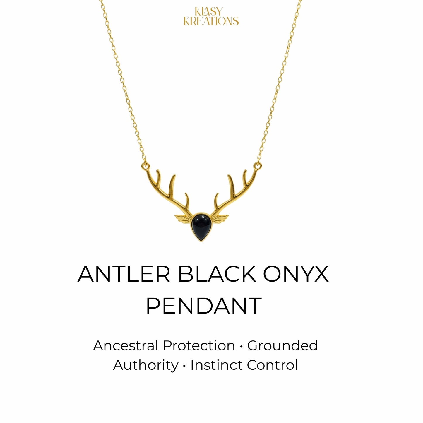 Antler Guardian Black Onyx Pendant in 18k Gold Plated - Strength • Protection • Power
