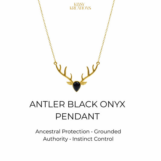 Antler Guardian Black Onyx Pendant in 18k Gold Plated - Strength • Protection • Power