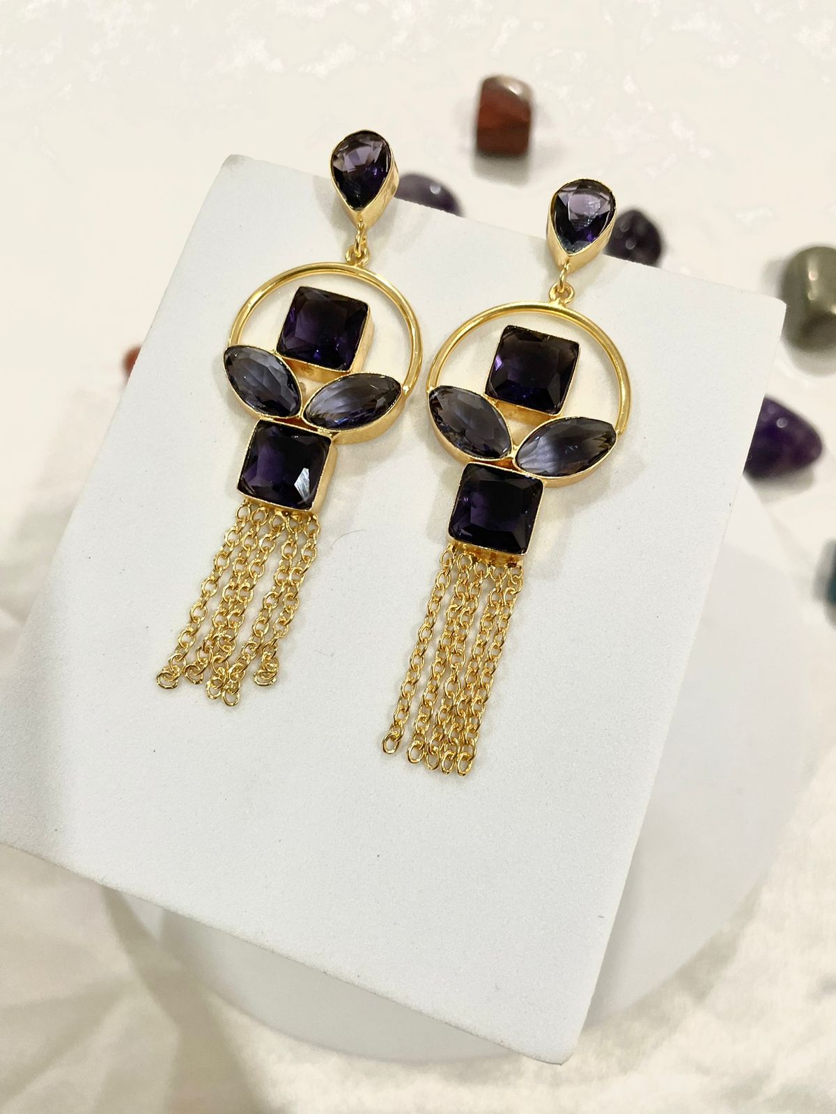 Amethyst Long Dangle Ear Studs