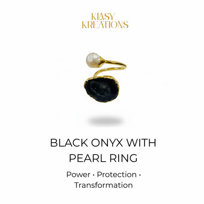 Black Onyx & Freshwater Pearl Dual Harmony Ring in 18K Gold Plated for Power, Protection