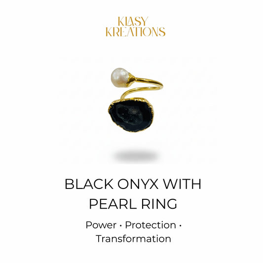 Black Onyx & Freshwater Pearl Dual Harmony Ring in 18K Gold Plated for Power, Protection